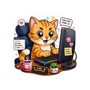 以下が含まれることがあります： 机に座っている漫画のオレンジ色のトラ猫のステッカー。猫は「YOU GOT THIS！」というテキストが表示されたコンピューターの前にいます。机には「PAW FUEL」と書かれたコーヒーマグと「CHIEF CHAOS OFFICER」と書かれた看板があります。