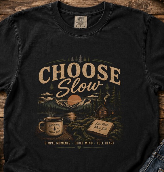 Choose Slow Cozy Cabin Nature T-shirt | Cottagecore Mountain Tee | Slow Living Coffee Lover Shirt