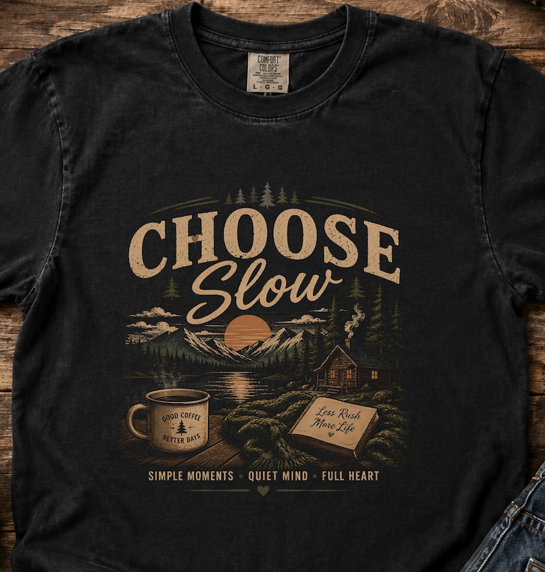 Choose Slow Cozy Cabin Nature T-shirt | Cottagecore Mountain Tee | Slow Living Coffee Lover Shirt image 1