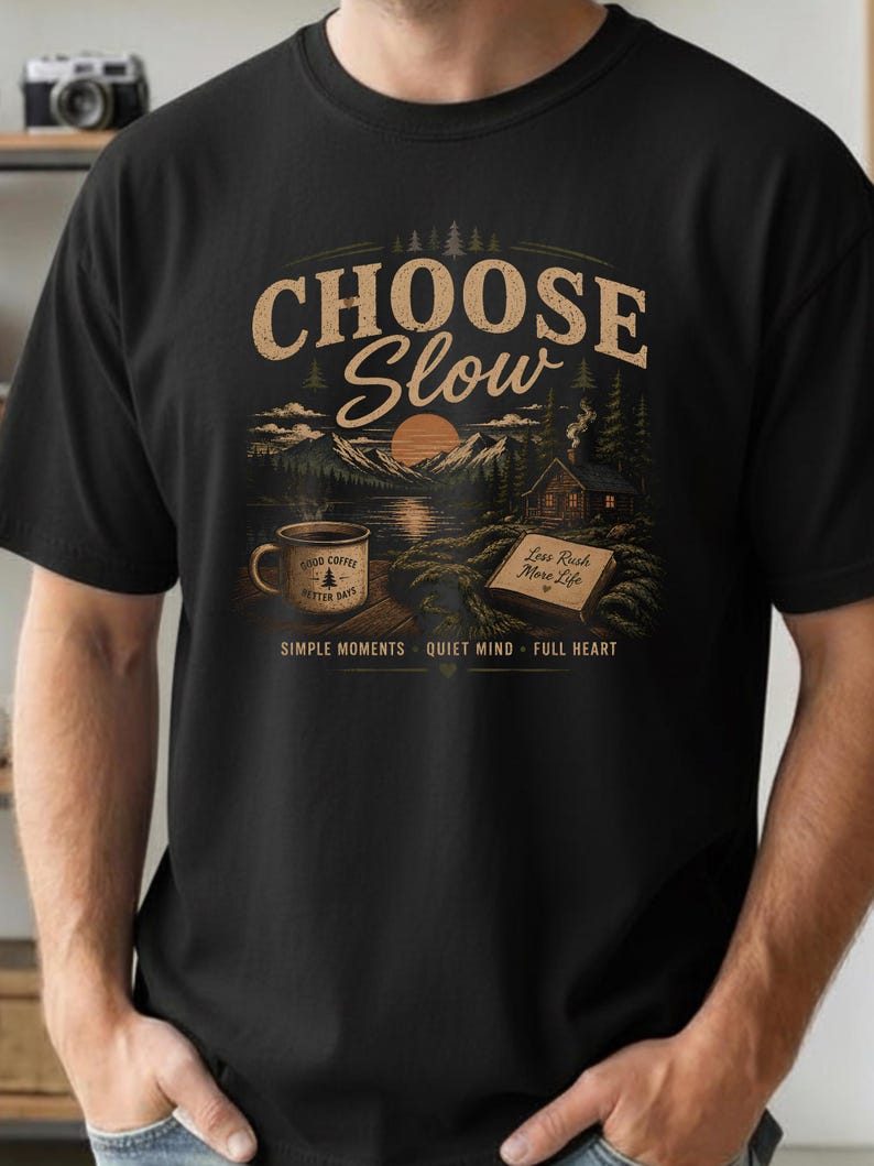 Choose Slow Cozy Cabin Nature T-shirt | Cottagecore Mountain Tee | Slow Living Coffee Lover Shirt image 2