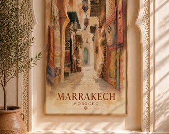 Stampa artistica murale di Marrakech, poster marocchino, arte di strada della Medina, arredamento islamico boho, estetica beige neutra, download digitale