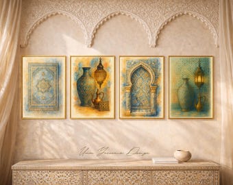 Islamische Wandkunst, 4 marokkanische Dekordrucke in neutralen Beige- und Blautönen, muslimisches Zuhause, arabische Bogen- und Vasenkunst, druckbares Poster-Set
