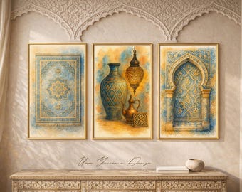 Islamic Wall Art Set of 3 Moroccan Vase Decor Arabic Latern Print Neutral Beige Blue Muslim Home Decor Printable Poster Set