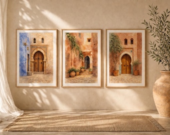 Moroccan Wall Art Set of 3 Printable Beige Neutral Islamic Decor Arch Door Poster A3 A2 A1 Digital Download