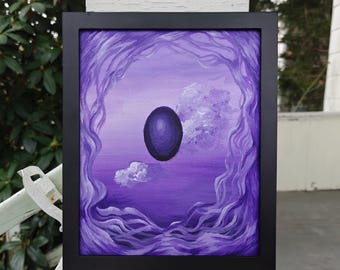 Original Abstract UFO Fantasy Painting, Purple Ominous Floating Sphere Art, Surreal Alien Wall Decor, Dark Magical Realism