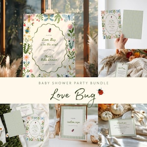 May include: A baby shower party bundle featuring a Love Bug theme with illustrations of insects and flowers. The set includes a welcome sign, invitations with green gingham patterns, and thank you cards, all decorated with colorful bugs and floral motifs.