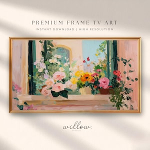 May include: A framed digital art print featuring a vibrant floral arrangement in front of a window. The artwork showcases pink, yellow, and red flowers, with the text "PREMIUM FRAME TV ART" and "INSTANT DOWNLOAD | HIGH RESOLUTION". The artist's signature "willow." is at the bottom.