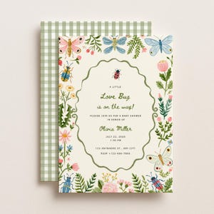 May include: A rectangular baby shower invitation card featuring a scalloped green border, colourful illustrations of butterflies, beetles, and wildflowers, and the text A LITTLE Love Bug is on the way! PLEASE JOIN US FOR A BABY SHOWER IN HONOR OF Olivia Miller JULY 22, 2026 1:30 PM 123 ANYWHERE ST., ANY CITY RSVP +123-456-7890.
