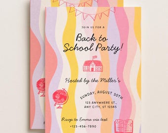 Invito per la festa di ritorno a scuola, Invito per la festa scolastica, Festa colorata di ritorno a scuola, Invito per la festa di fine estate modificabile