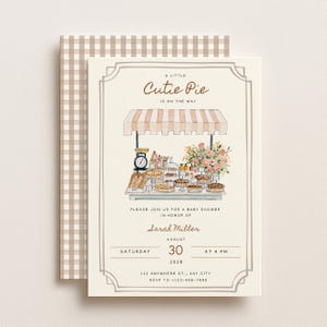 Puede incluir: Una tarjeta de invitación para baby shower de color crema con una ilustración en acuarela de un puesto de panadería con pasteles, pan y flores. El texto dice A LITTLE Cutie Pie IS ON THE WAY, PLEASE JOIN US FOR A BABY SHOWER IN HONOR OF Sarah Miller, AUGUST 30 2026 AT 4 PM, 123 ANYWHERE ST., ANY CITY, RSVP TO +1-123-456-7890.