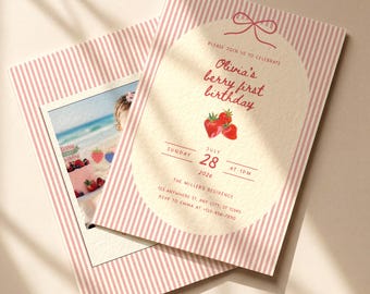 Berry First Birthday Invitation Template, Strawberry Birthday Invite, Girl Pink 1st Birthday Invitation, Editable Canva Invite