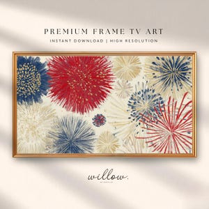 May include: A rectangular digital art print for a television screen featuring a pattern of abstract, starburst-like floral shapes in red, navy blue, and cream colors. The text PREMIUM FRAME TV ART and willow. are visible on the off-white background.