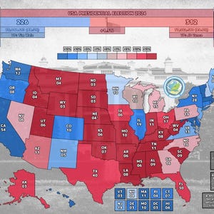 May include: A map of the USA showing the 2024 Presidential Election results. States are coloured blue for Democratic wins and red for Republican wins. The image includes candidate names and vote counts. The map is a visual representation of the election.