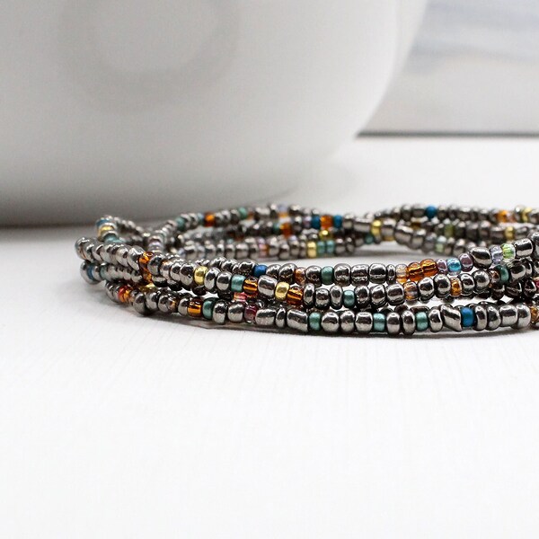 Gunmetal seed bead stretch bracelet set of 5, Boho Beaded friendship bracelets, Mix and match stacking bracelets, Sold in sets of 5