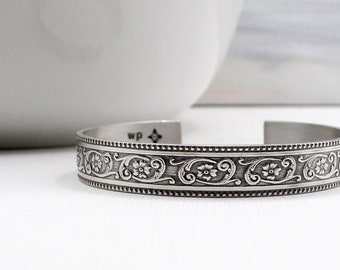 Embossed sterling silver cowgirl stacking bangle Victorian textured cuff bracelet Boho open layering silver cuff bracelet Stacker bracelet