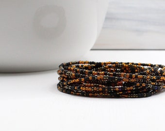 Tortoiseshell glass bead multi wrap bracelet with Black Spinel // Extra long seed bead 12 wrap bracelet // Boho chic layering bracelet