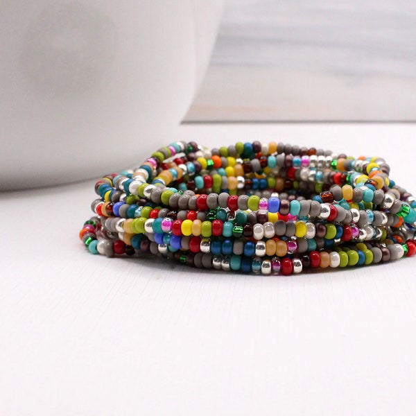 Carnival Chaos multi colored seed bead bracelet.  Extra long elastic bead bracelet that can be worn as a bracelet, anklet or necklace.