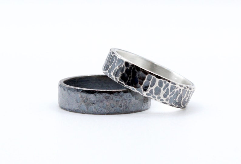 Hammered sterling silver wedding band Wide silver ring for men Available in 3 finishes Handmade textured stacking ring Thumb ring