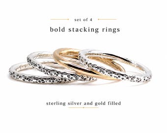 Bold Stacking Rings Set of 4, Sterling Silver & Gold Filled Ring Stack, Thick Mixed Metal Rings, Hammered Silver Bands