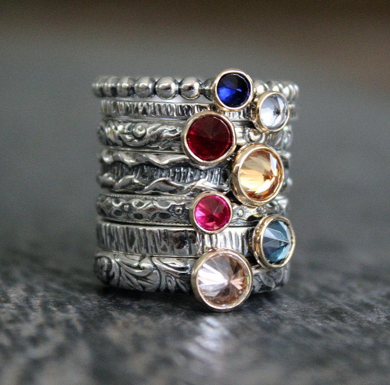 Inverted Setting Layering Mothers Ring Sterling Silver Birthstone Ring 14k Gold Bezel Setting Choose Your Birthstone Stacking Ring