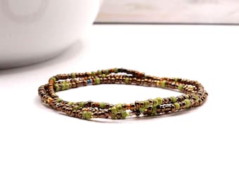 Boho Seed Bead Wrap Bracelet – Autumn Bronze, Green & Red