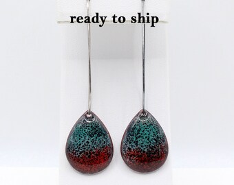 Ombre enamel earrings Red and blue teardrop glass drops dangle from your choice of sterling silver ear wires Ready to ship