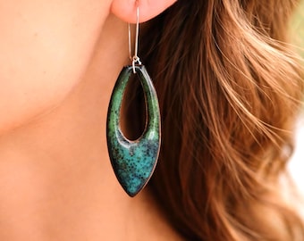 Teal Enamel Drop Earrings Copper Dangle Earrings Boho Artisan Jewelry Handmade Statement Earrings Lightweight Long Earrings Gift for Her