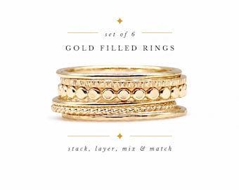 Set of 6 Gold Filled Stacking Rings, Mixed Texture Ring Stack, Dainty Boho Layering Rings, Hammered Twist Dot Twig Ring Set