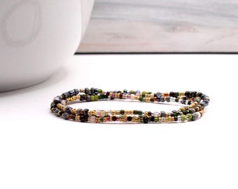 Gold Digger Wrap Bracelet • Earth-Tone Seed Beads • 3-Wrap Elastic Boho Stack