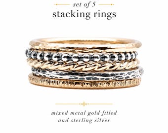 Mixed Metal Ring Stack Set of 5 – Gold Filled & Sterling Silver Stacking Rings – Hammered Twist Beaded Twig Rings