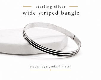 Sterling Silver Striped Bangle Bracelet • Wide Stacking Bangle • Handmade Ridged Silver Cuff • Layering Bracelet