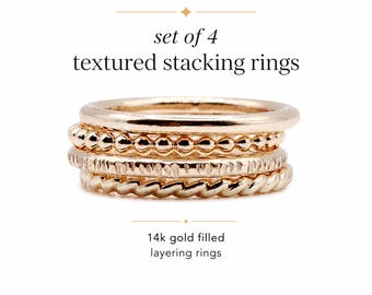 Conjunto de 4 anillos apilables chapados en oro • Anillos apilables chapados en oro de 14k • Anillos con textura de corteza de rama retorcida con cuentas • Anillos midi para superponer