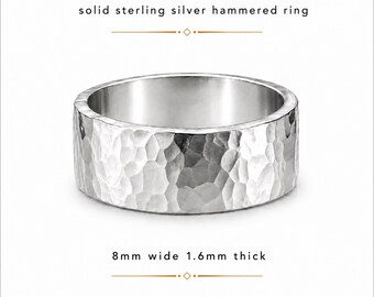 Anillo de plata de ley martillada de 8 mm, anillo de banda ancha, anillo para el pulgar, anillo de plata para hombre, regalo minimalista para él o ella.