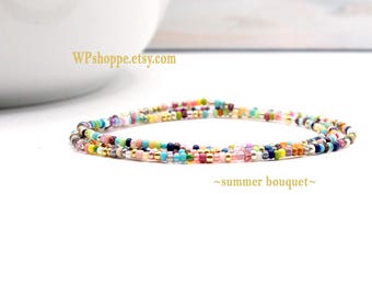 Multi Color Glass Seed Bead Wrap Bracelet, Summer Bouquet