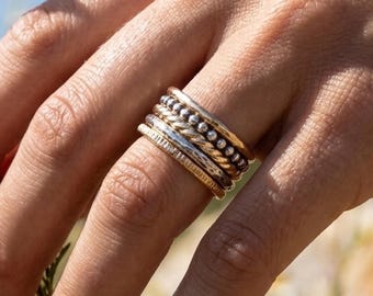 Mixed Metal Ring Stack Set of 5 – Gold Filled & Sterling Silver Stacking Rings – Hammered Twist Beaded Twig Rings