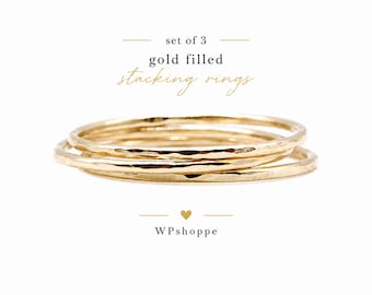 Conjunto de 3 anillos apilables chapados en oro • Anillos midi martillados • Conjunto de anillos minimalistas ultrafinos • Anillos delicados para los nudillos