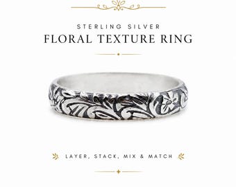 Anillo floral de plata de ley, diseño de enredadera de pensamiento, acabado oxidado o brillante, anillo apilable botánico, alianza de boda de plata hecha a mano.