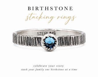 Anillo apilable personalizado con piedra natal – Plata de ley, cristal austriaco, hecho a mano – Apilable, combinable – 3 opciones de acabado