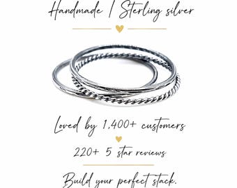 Sterling Silver Stacking Rings Set of 3 – Ultra Thin 1mm Rings, Hammered & Twist Stackable Bands, Minimalist Silver Ring Set, Dainty Stack
