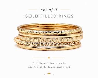 14k Gold Filled Stacking Rings Set of 5 – Dainty Textured Stackable Rings, Hammered Twisted Minimal Bands, Gift for Her