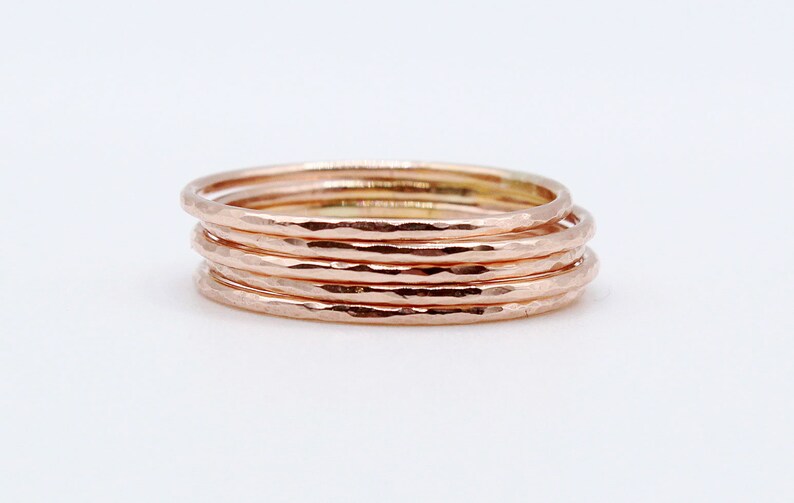 Rose Gold Hammered Stacking Ring Set of 5 Ultra Thin 14k Rose Gold Filled Rings Delicate rings Dainty Stacking Rings Thin Gold Rings image 3