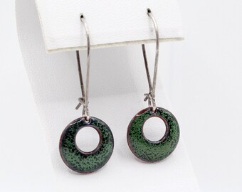 Green enamel dangle earrings Dramatic domed circle enameled drops hang from sterling silver ear wires Geometric earrings Ready to ship