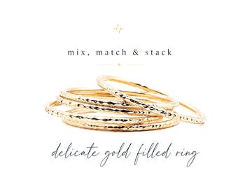 Ultra Thin Gold Stacking Ring, Hammered 14k Gold Filled Ring, Dainty 1mm Band, Minimalist Midi Knuckle Ring