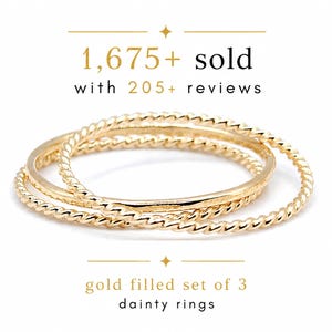Ultra dünne Gold Filled Stapelringe 3er Set, gehämmerte & gedrehte Ringe, zierliche minimalistische stapelbare Ringe, 1 mm Goldringe
