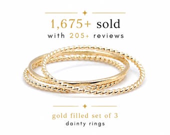 Anillos apilables ultrafinos chapados en oro, juego de 3 anillos martillados y retorcidos, delicados anillos minimalistas apilables, anillos de oro de 1 mm