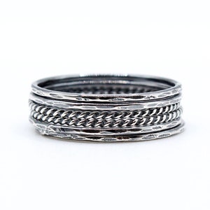 Set of 6 Sterling Silver Stacking Rings – Hammered & Twist Textures – Bright, Oxidized, or Black Finish – Handmade Layering Rings