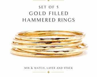 Set of 5 Gold Filled Stacking Rings, Dainty Hammered Rings, Thin Minimalist Ring Set, 14K Gold Filled Stackable Bands