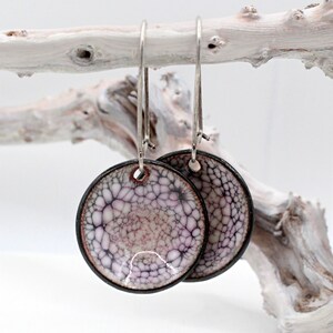 Mauve crackle enamel drop earrings Hand torched glass filling large copper bowls on your choice of sterling silver ear wires Ready to ship