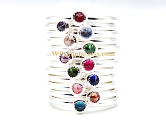 Birthstone Stacking Ring Sterling Silver, Inverted Gemstone Ring, Mothers Ring, Custom Birthstone Jewelry Gift for Mom Grandma