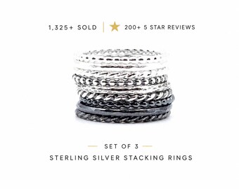 Sterling Silver Stacking Rings Set of 3 • Mixed Texture Ring Stack • Twist Bead Hammered Rings • Dainty Layering Rings